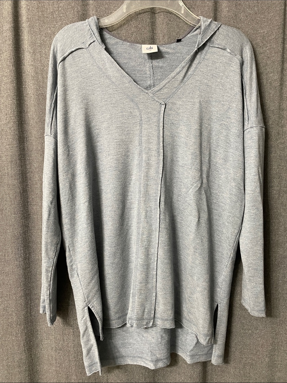CAbi Pale Blue Heather Hooded V-Neck Tunic with Raw-Edge Detail